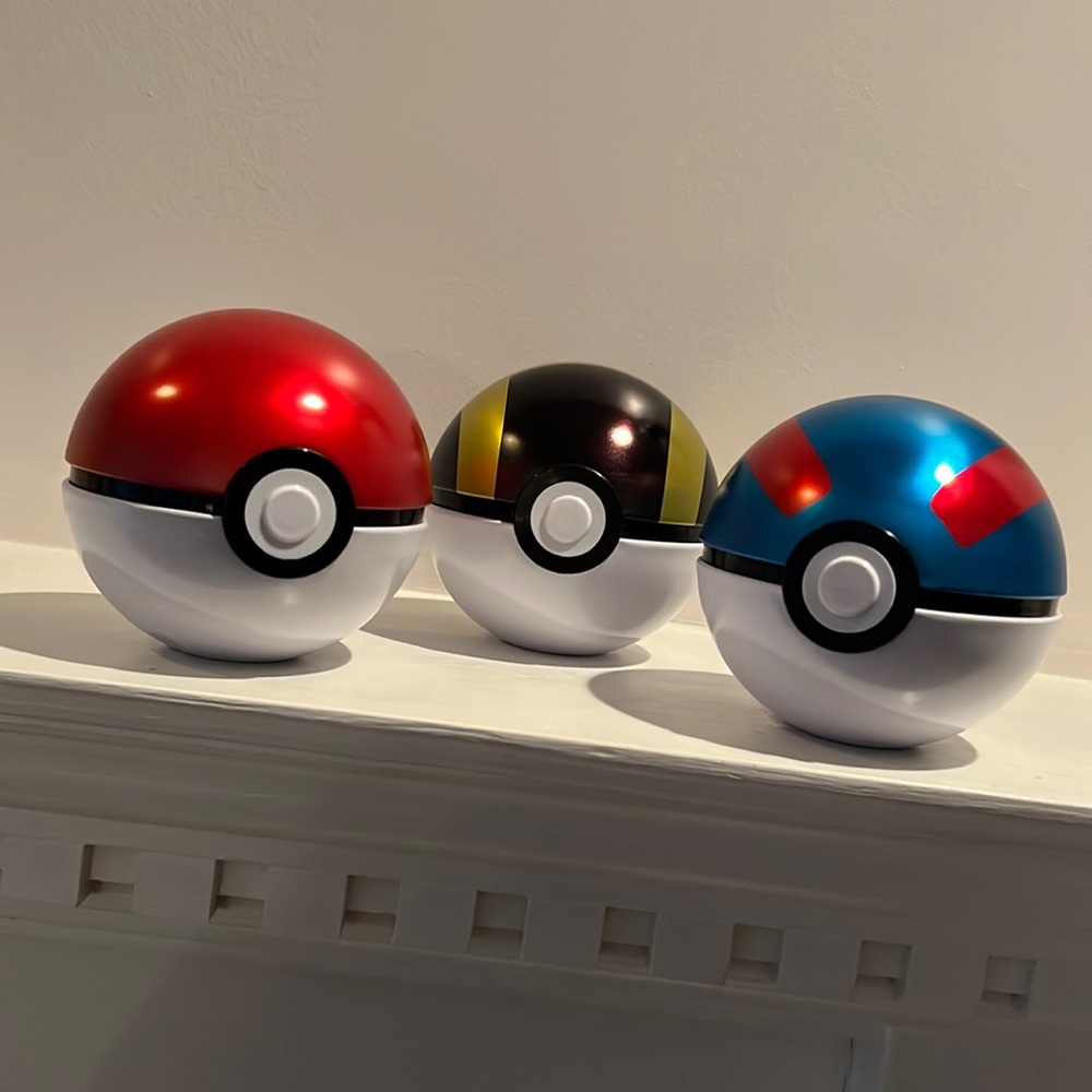 Three Pokémon Ball Set. Pokeball, Great Ball, Ultra Ball. Empty.